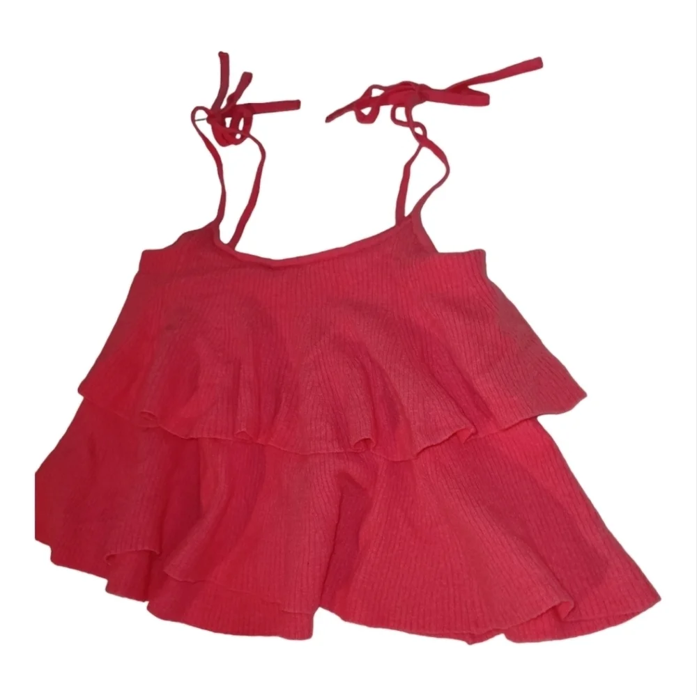 J Crew Merino Wool Tiered Ruffle Tank Top with Tie Shoulder Straps Pink Size S - Picture 7 of 9